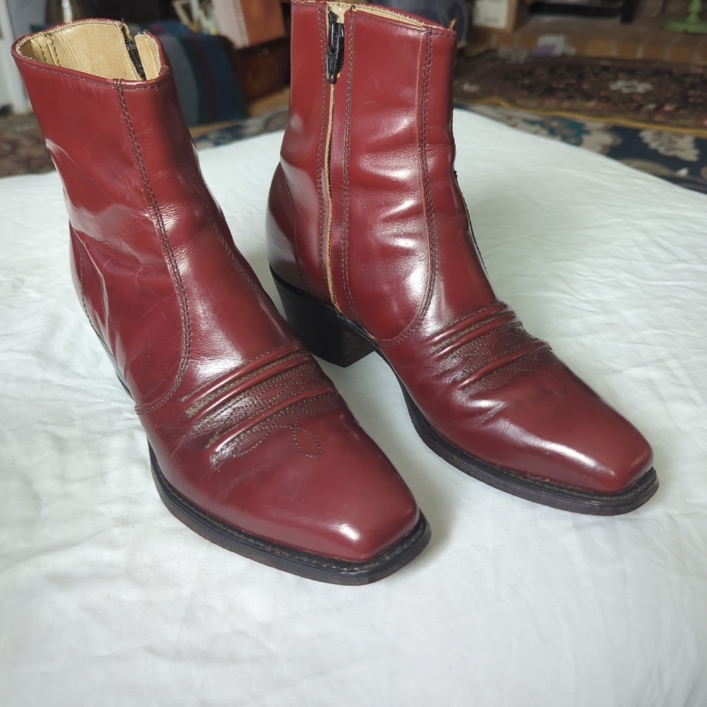 Men’s 1970’s Sears Rusty Brown Leather Western Side Zip Square Toe Heeled Boot - Picture 10 of 12